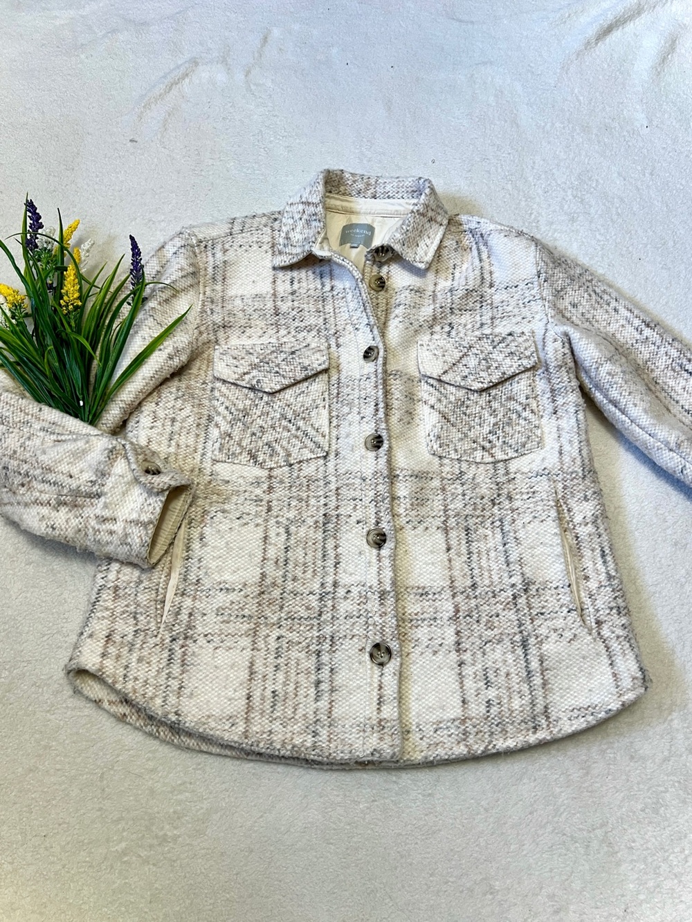 Weekend LA Boucle Knit Tweed Wool Blend Plaid Shacket - XS